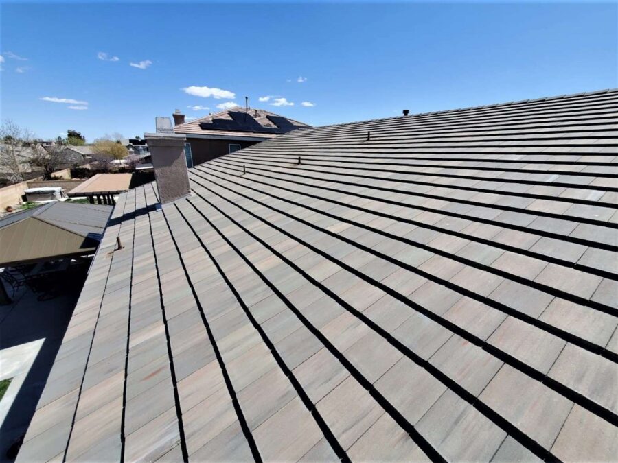 Completed tile roof reinstallation over new underlayment in Lancaster, CA—final stage of expert roof replacement with solar readiness
