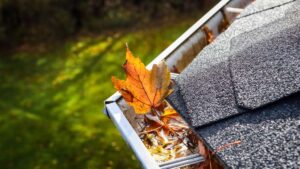 Rain gutter debris cleanout on residential roof in Santa Clarita, CA – expert roofing maintenance by Coronado Roof Care