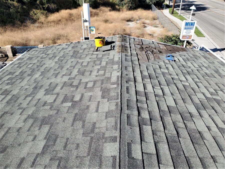 Gas station space frame in Canyon Country before second-layer Moonlit Black Malarkey shingle installation—roof prep phase