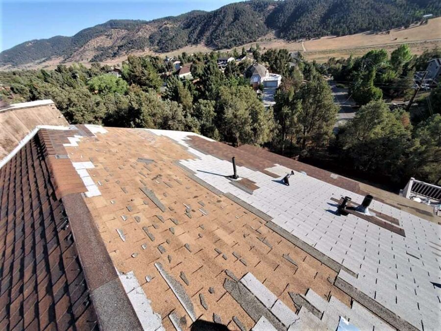 Frazier Park roof before Timberline Hickory shingle installation—tear-off and prep phase ahead of underlayment and skylight reinstallation