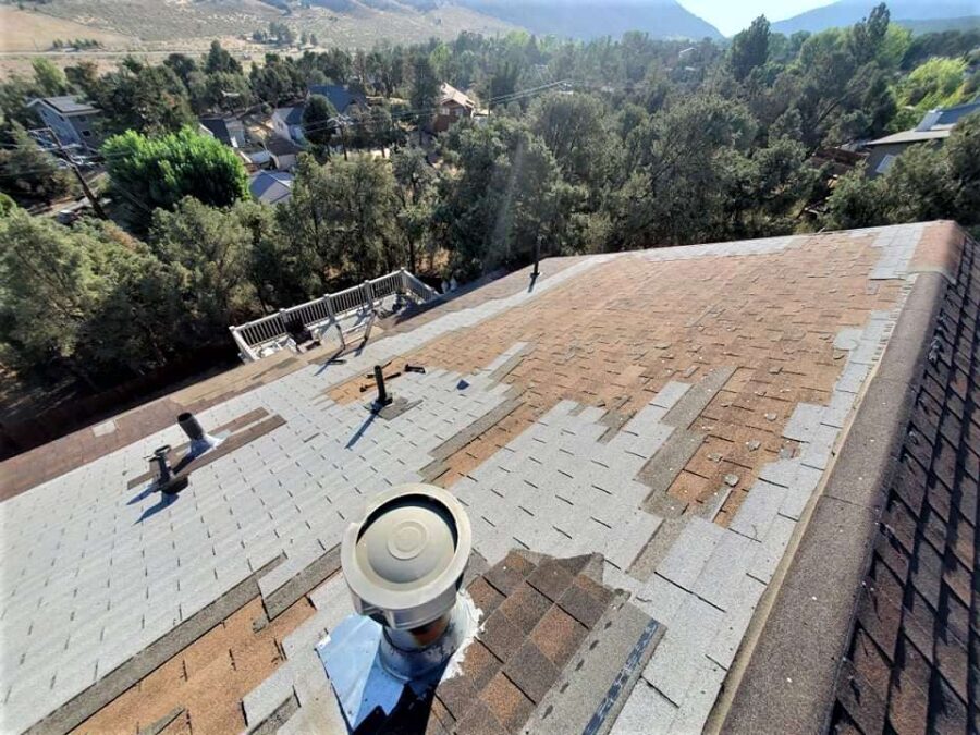 Image of roof in Frazier Park, CA before full replacement with Timberline Hickory shingles—part of tear-off, underlayment, and skylight reinstallation project