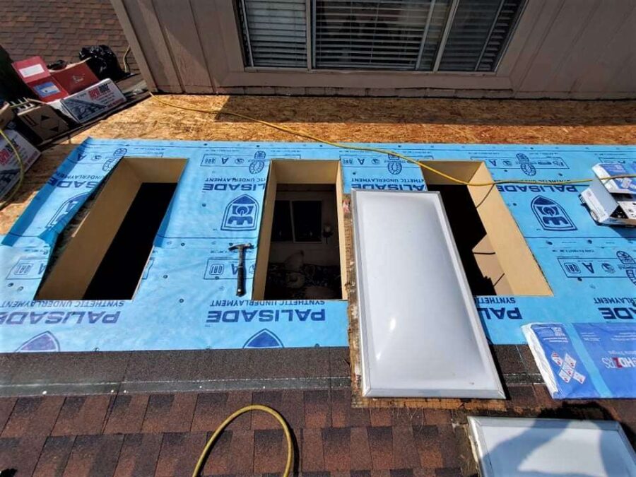 Palisade synthetic underlayment installed around skylight openings in Frazier Park—roof sealed and prepped for Timberline shingle installation