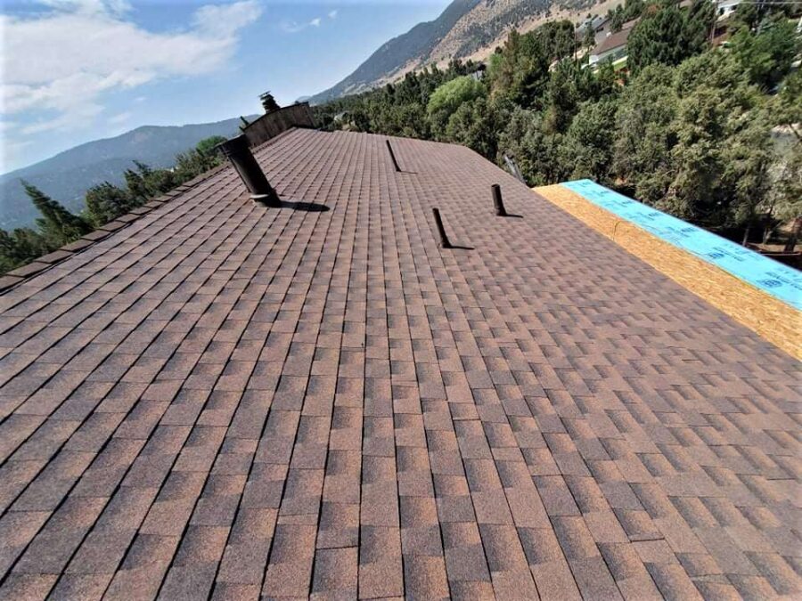 Finished Timberline Hickory shingle roof with reinstalled skylights in Frazier Park, CA—durable and cleanly executed roof replacement
