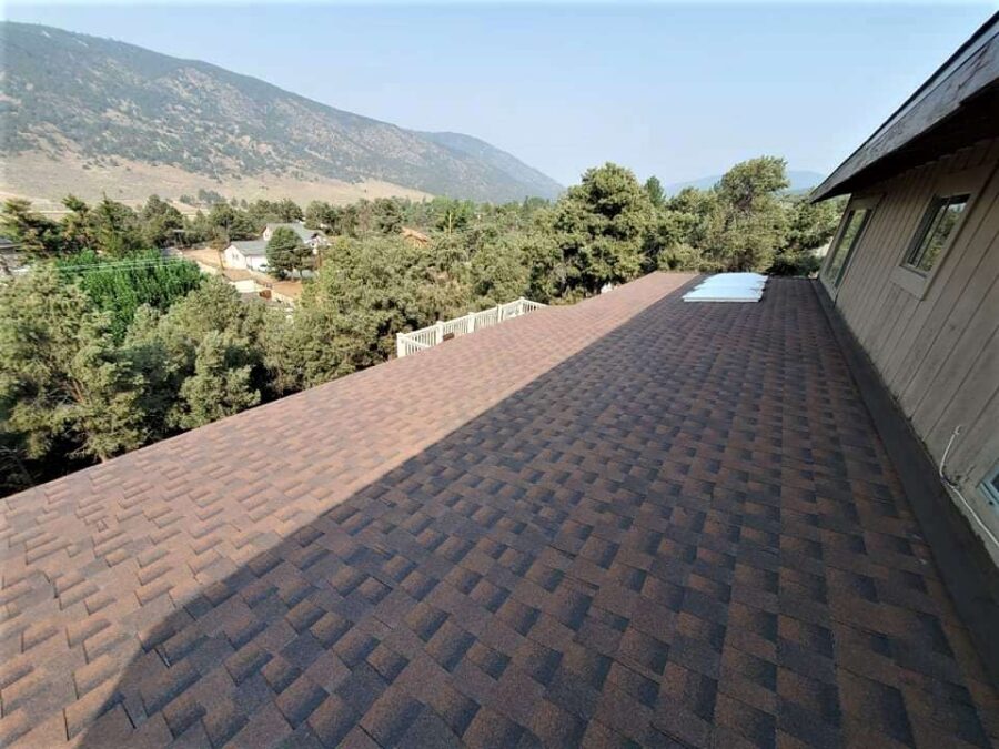 Finished Timberline Hickory shingle roof with reinstalled skylights in Frazier Park, CA—durable and cleanly executed roof replacement