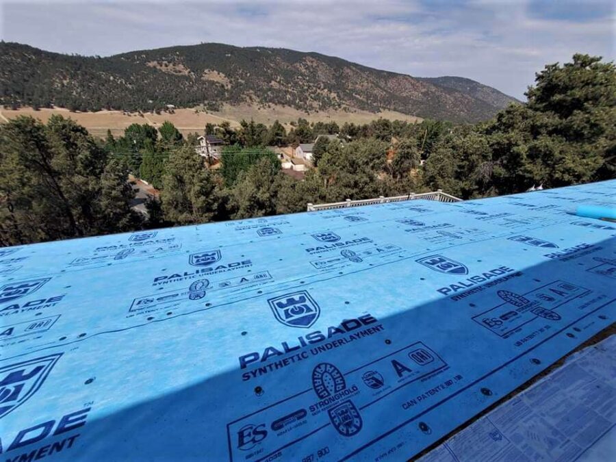 Palisade synthetic underlayment installed across open roof deck in Frazier Park—clean prep stage before Timberline Hickory shingles