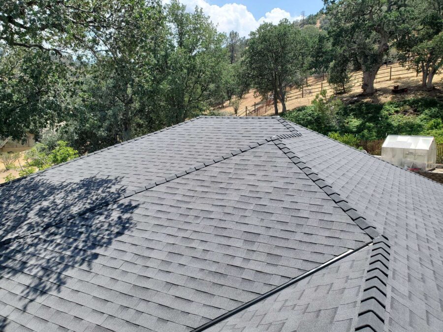 Freshly installed second-layer Malarkey shingles with clean lines and tight sealing on a San Fernando Valley roof replacement project