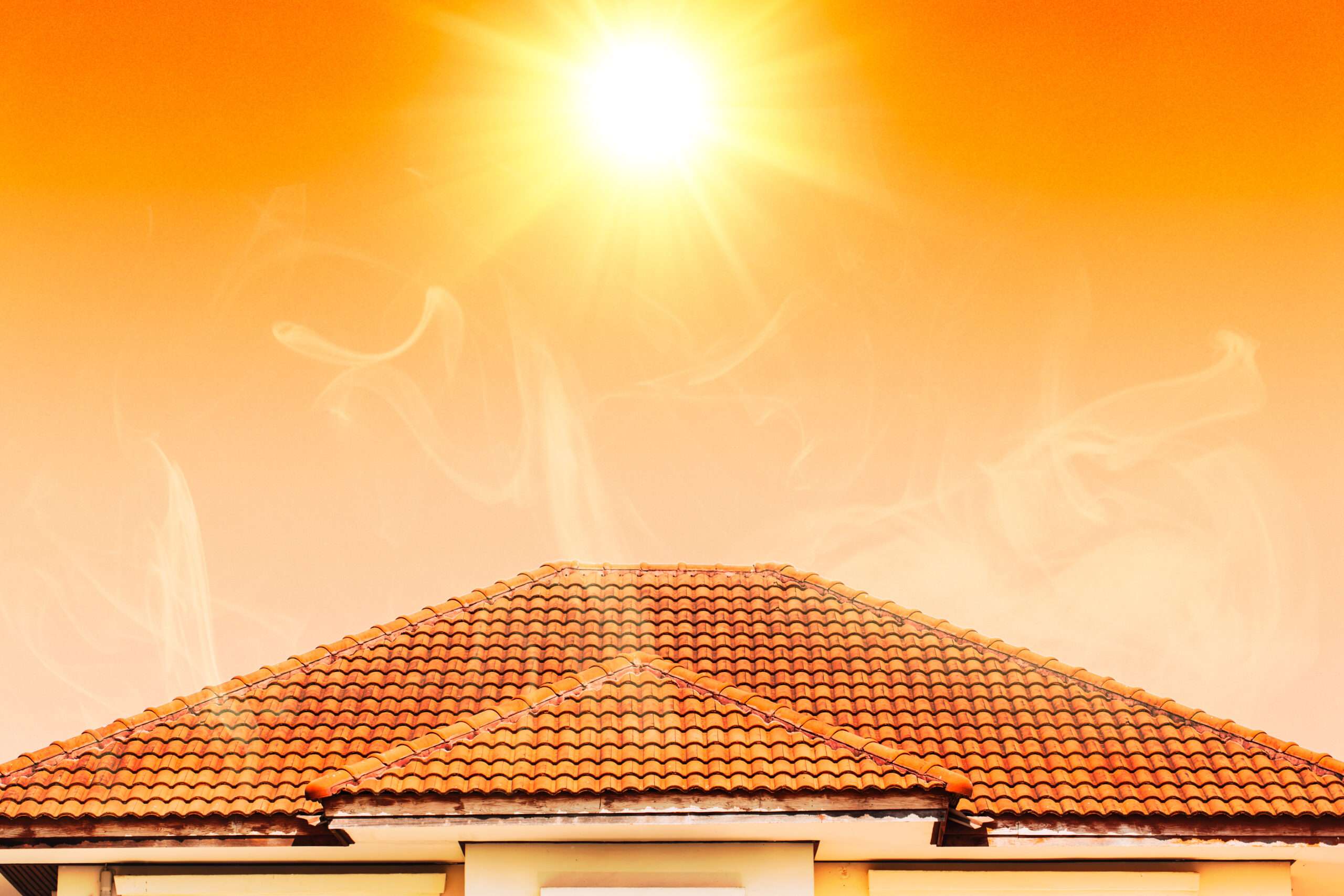 Hot summer sun shining over a tile roof home in Moorpark, California
