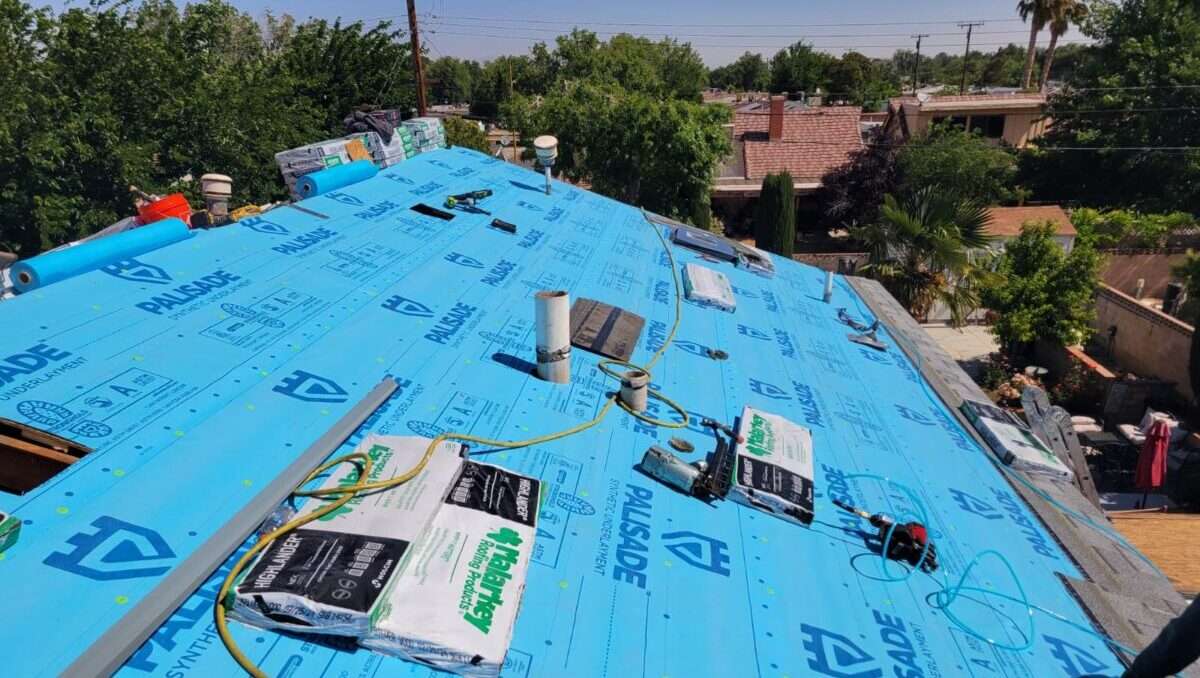 Palisade synthetic underlayment installed on roof deck—essential moisture barrier before Malarkey shingle installation in Los Angeles